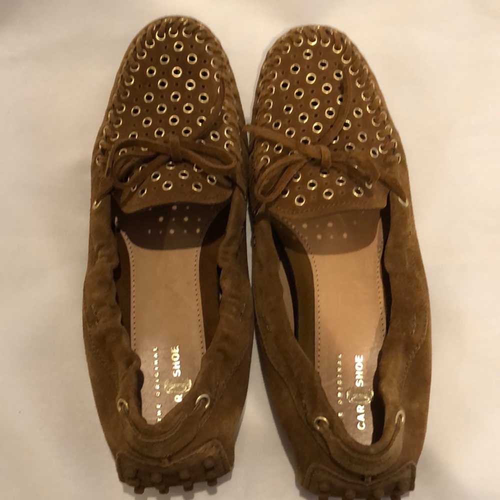Prada Brown w/Gold Grommets Suede Original Car Shoe - Size 8.5 /39 AUTHENTIC